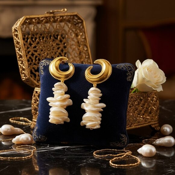 Crescent Moon Earrings with Baroque Pearls 18K Gold Plated Statement Jewelry - Picture 10 of 12